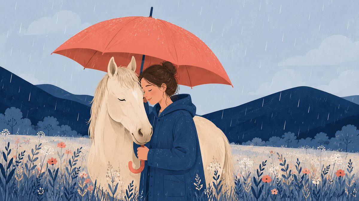Cheval protégé sous un grand parapluie, illustration du guide d'assurance équine